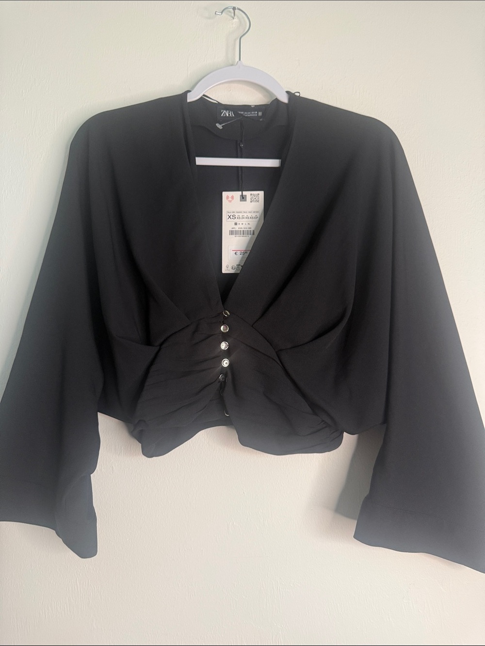 Zara Black Ruched Button-Front Cropped Blouse - Picture 8 of 8